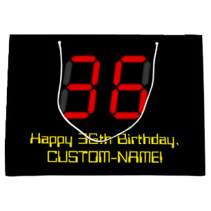 36th Birthday: Red Digital Clock Style "36" + Name Large Gift Bag