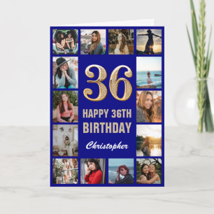 36th Happy Birthday Navy Blue & Gold Photo Collage Card