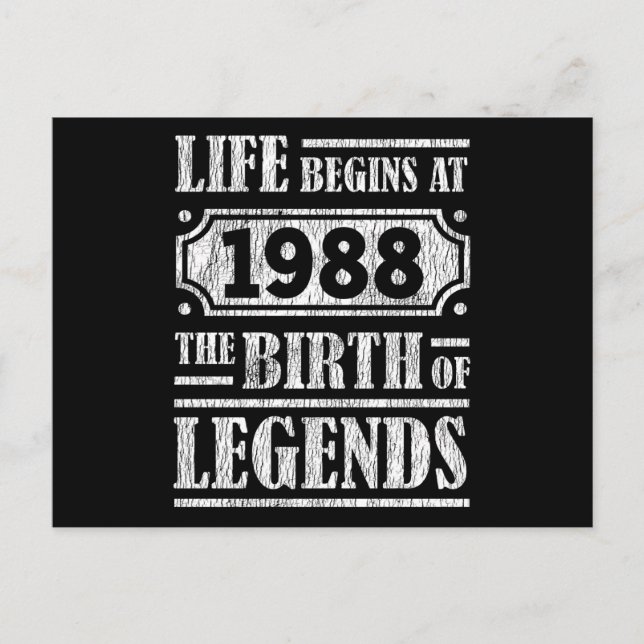37 Year Old 1988 Birth Of Legend 37th Birthday Postcard (Front)