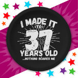 37 Year Old Sarcastic Meme Funny 37th Birthday Paper Plate<br><div class="desc">This funny 37th birthday design makes a great sarcastic humour joke or novelty gag gift for a 37 year old birthday theme or surprise 37th birthday party! Features 'I Made it to 37 Years Old... Nothing Scares Me' funny 37th birthday meme that will get lots of laughs from family, friends,...</div>