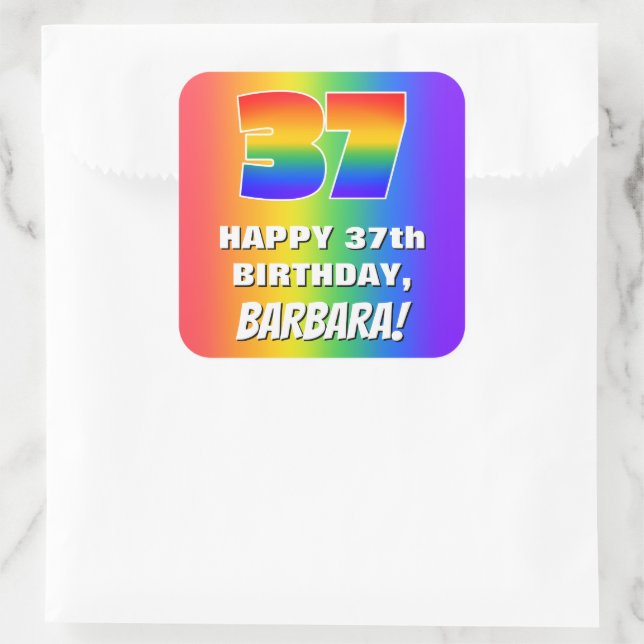37th Birthday: Colourful, Fun Rainbow Pattern # 37 Square Sticker (Bag)