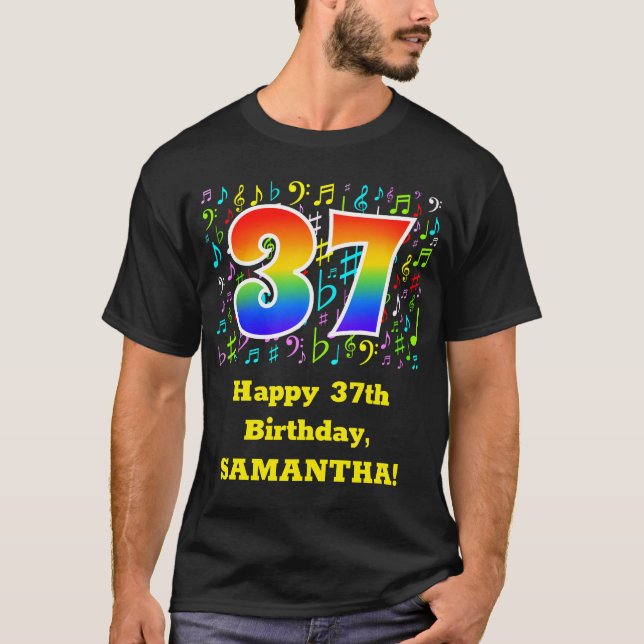37th Birthday: Colourful Music Symbols, Rainbow 37 T-Shirt (Front)