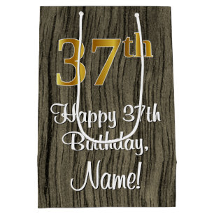 37th Birthday: Elegant Faux Gold Look #, Faux Wood Medium Gift Bag