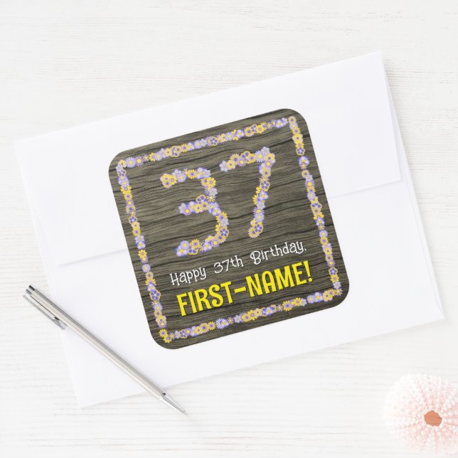 37th Birthday: Floral Number, Faux Wood Look, Name Square Sticker (Envelope)