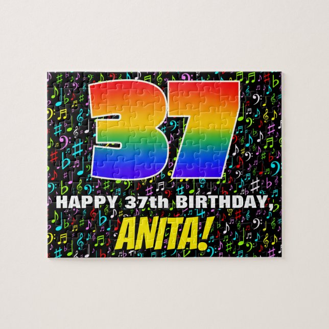 37th Birthday — Fun, Colourful Music Symbols & “37 Jigsaw Puzzle (Horizontal)