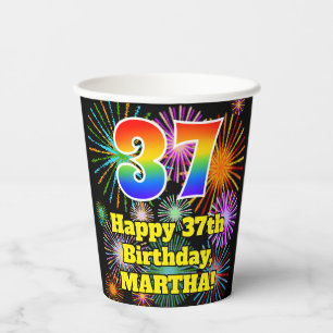 37th Birthday: Fun Fireworks Pattern + Rainbow 37 Paper Cups