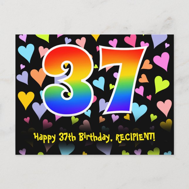 37th Birthday: Fun Hearts Pattern, Rainbow 37 Postcard (Front)