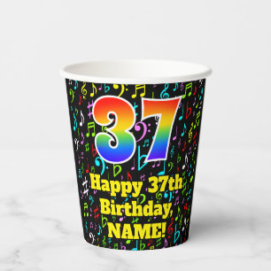 37th Birthday: Fun Music Notes Pattern, Rainbow 37 Paper Cups
