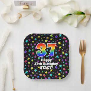 37th Birthday: Fun Stars Pattern and Rainbow “37” Paper Plate