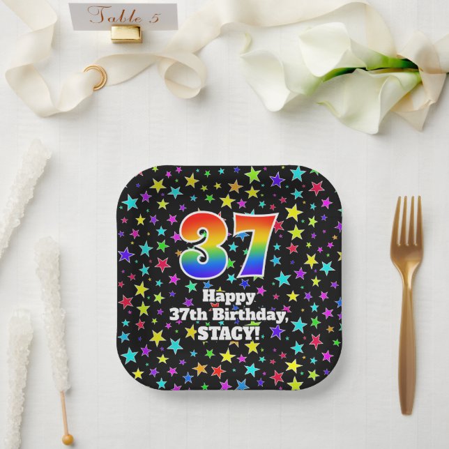 37th Birthday: Fun Stars Pattern and Rainbow “37” Paper Plate (Wedding)