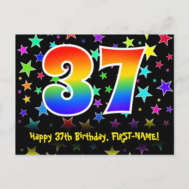 37th Birthday: Fun Stars Pattern, Rainbow 37, Name Postcard (Front)