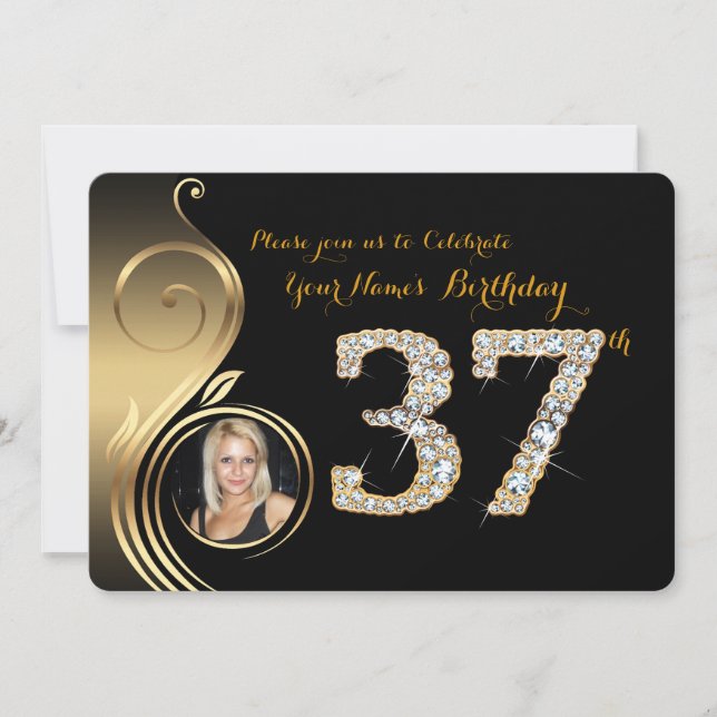 37th,Birthday Invitation,Number Diamond,Photo 2 Invitation (Front)