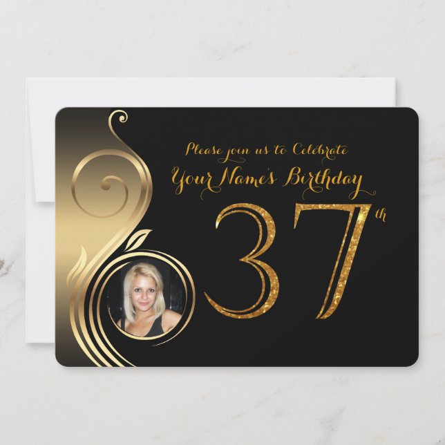 37th,Birthday Invitation,Number Glitter Gold,Photo Invitation (Front)