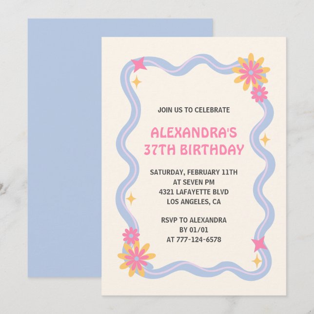 37th birthday invitation Retro Groovy Blue Flowers (Front/Back)