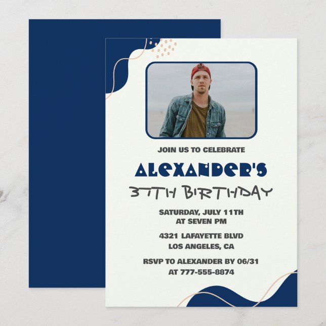 37th birthday invitations Men Navy Simple Photo (Front/Back)