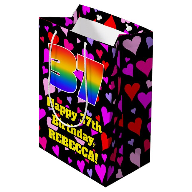 37th Birthday: Loving Hearts Pattern, Rainbow # 37 Medium Gift Bag (Back Angled)