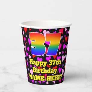 37th Birthday: Loving Hearts Pattern, Rainbow 37 Paper Cups