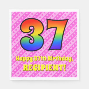 37th Birthday: Pink Stripes & Hearts, Rainbow # 37 Napkin