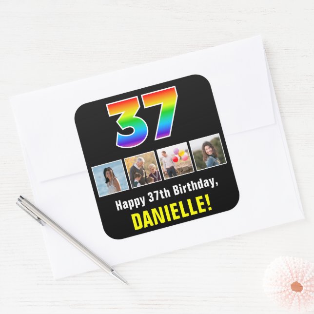 37th Birthday: Rainbow “37”; Custom Photos & Name Square Sticker (Envelope)
