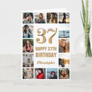 37th Happy Birthday Gold and White Photo Collage Card
