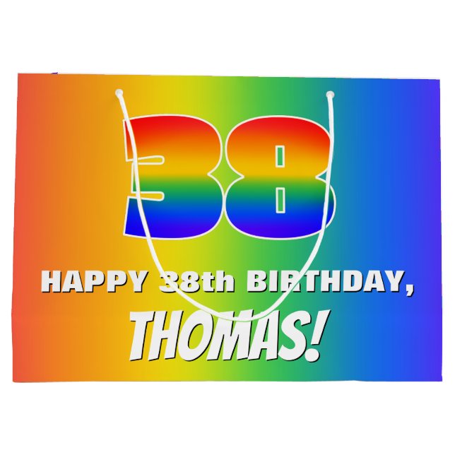 38th Birthday: Colourful, Fun Rainbow Pattern # 38 Large Gift Bag (Back)