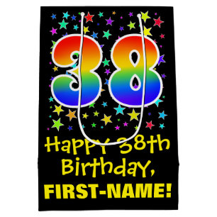 38th Birthday: Colourful Stars Pattern & Rainbow 3 Medium Gift Bag