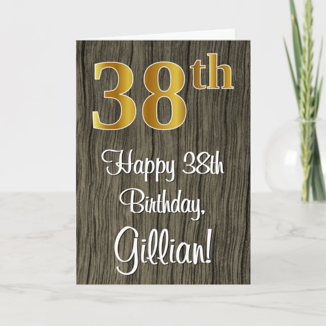 38th Birthday: Elegant Faux Gold Look #, Faux Wood Card (Front)