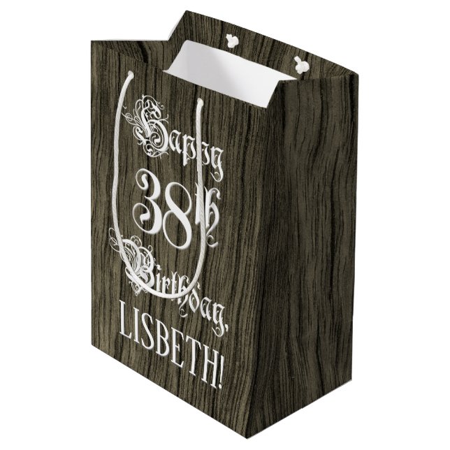 38th Birthday: Fancy, Faux Wood Look + Custom Name Medium Gift Bag (Back Angled)