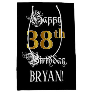 38th Birthday ~ Fancy Script; Faux Gold Look; Name Medium Gift Bag