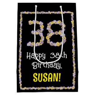 38th Birthday: Floral Flowers Number, Custom Name Medium Gift Bag