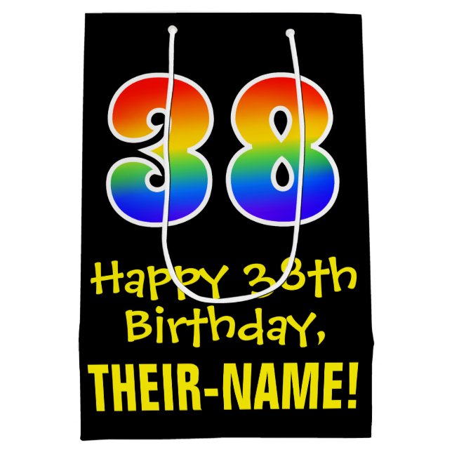 38th Birthday: Fun, Bold, Colourful, Rainbow "38" Medium Gift Bag (Back)