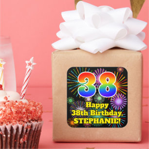 38th Birthday: Fun Fireworks Look, Rainbow # 38 Square Sticker