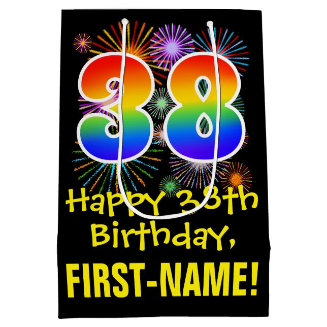 38th Birthday: Fun Fireworks Pattern + Rainbow 38 Medium Gift Bag (Back)