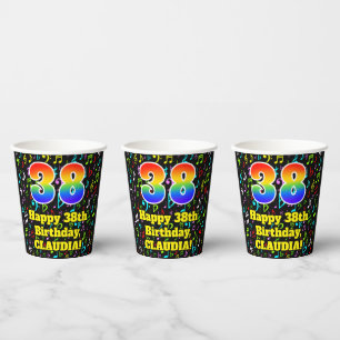 38th Birthday: Fun Music Notes Pattern, Rainbow 38 Paper Cups