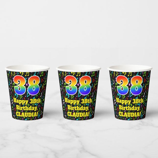 38th Birthday: Fun Music Notes Pattern, Rainbow 38 Paper Cups (Multi)