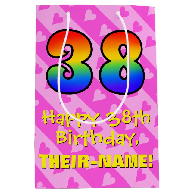 38th Birthday: Fun Pink Hearts Stripes; Rainbow 38 Medium Gift Bag (Front)