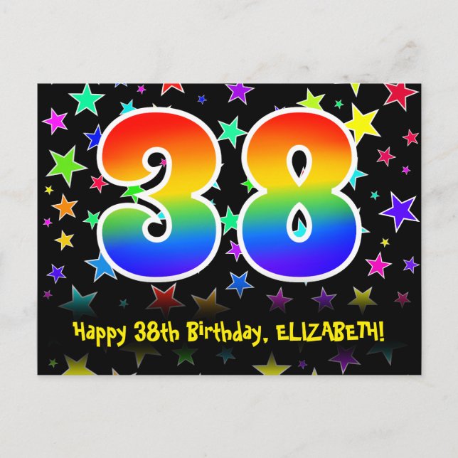38th Birthday: Fun Stars Pattern, Rainbow 38, Name Postcard (Front)