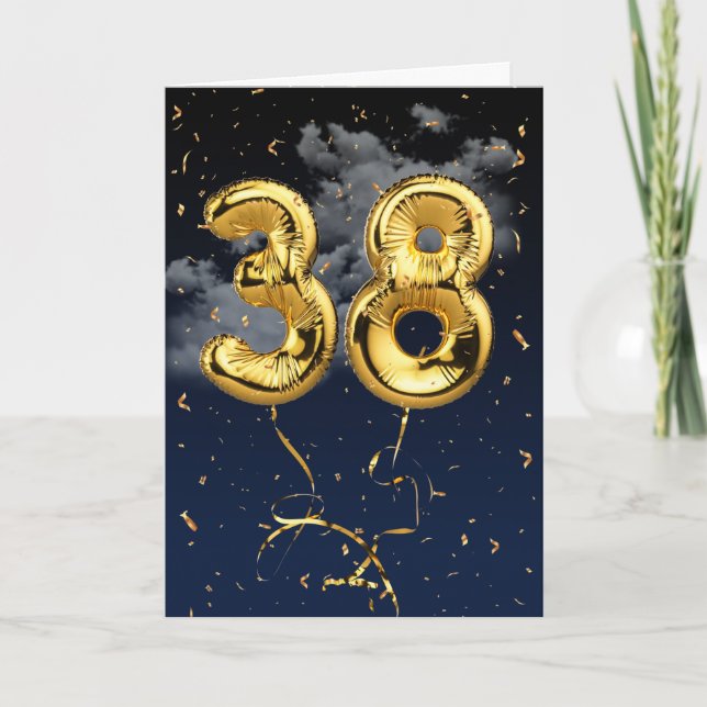 38th Birthday Gold Mylar Balloon and Confetti Card (Front)