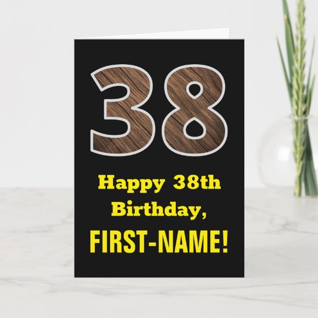 38th Birthday: Name, Faux Wood Grain Pattern "38" Card (Front)