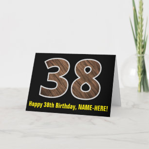 38th Birthday: Name + Faux Wood Grain Pattern "38" Card