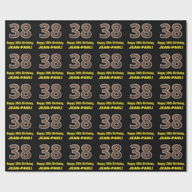 38th Birthday: Name & Faux Wood Grain Pattern "38" Wrapping Paper (Flat)