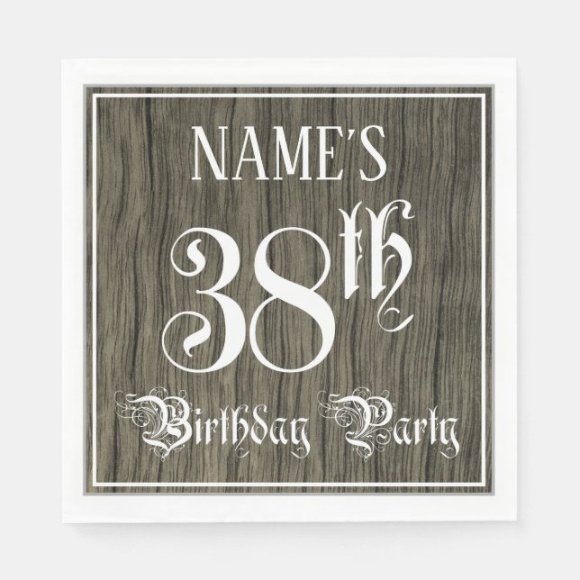 38th Birthday Party — Fancy Script, Faux Wood Look Napkin (Front)