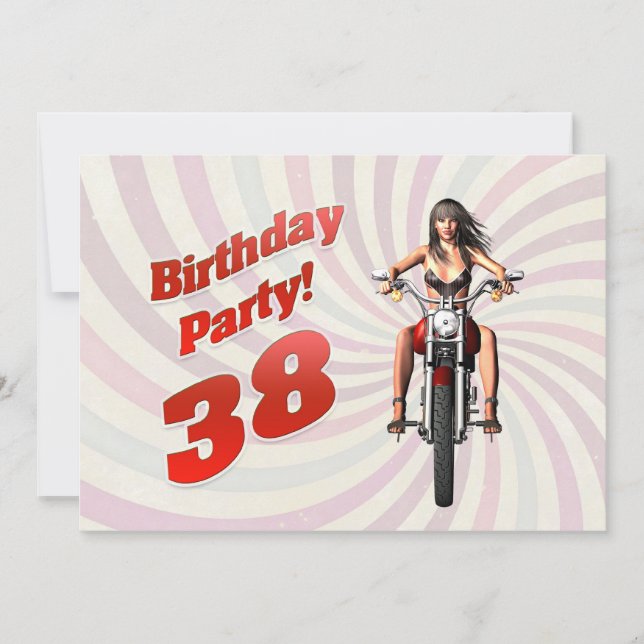 38th birthday party with a girl on a motorbike invitation (Front)