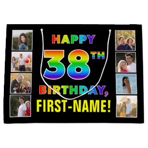 38th Birthday: Rainbow Text, Custom Photos & Name Large Gift Bag