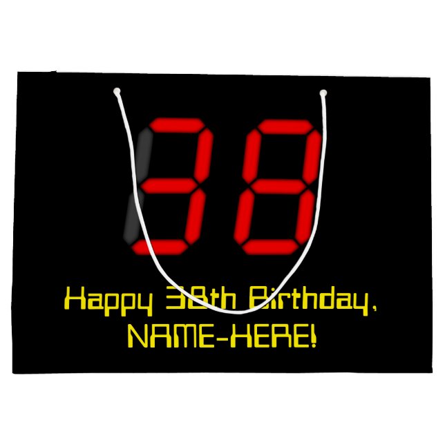 38th Birthday: Red Digital Clock Style "38" + Name Large Gift Bag (Back)