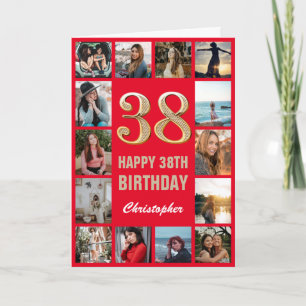 38th Happy Birthday Red and Gold Photo Collage Card