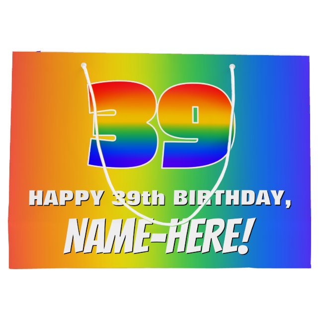39th Birthday: Colourful, Fun Rainbow Pattern # 39 Large Gift Bag (Back)