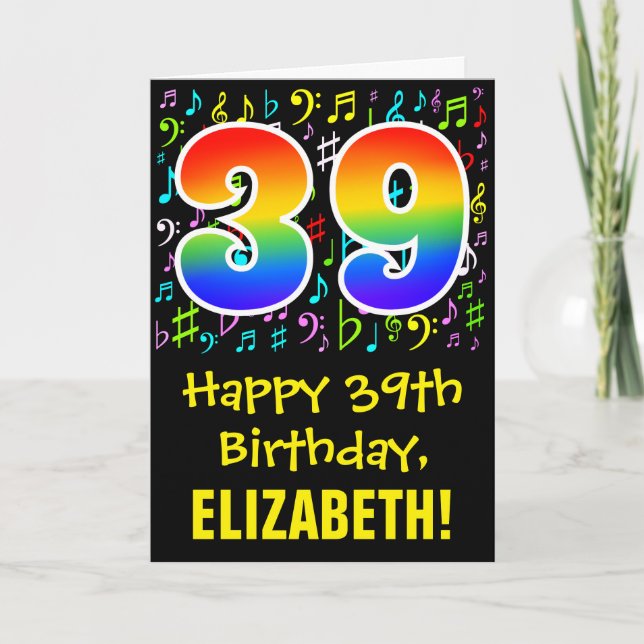 39th Birthday: Colourful Music Symbols + Rainbow 3 Card (Front)