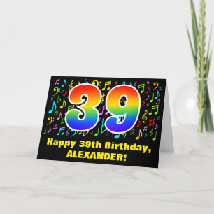 39th Birthday: Colourful Music Symbols & Rainbow 3 Card