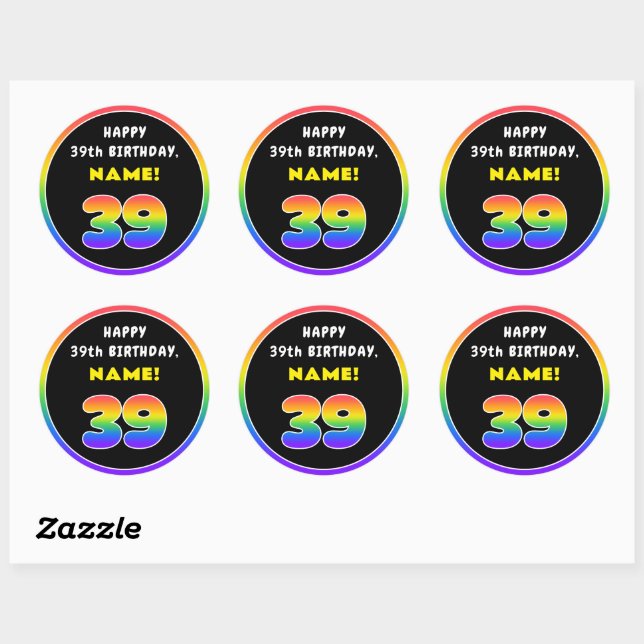 39th Birthday: Colourful Rainbow # 39, Custom Name Classic Round Sticker (Sheet)